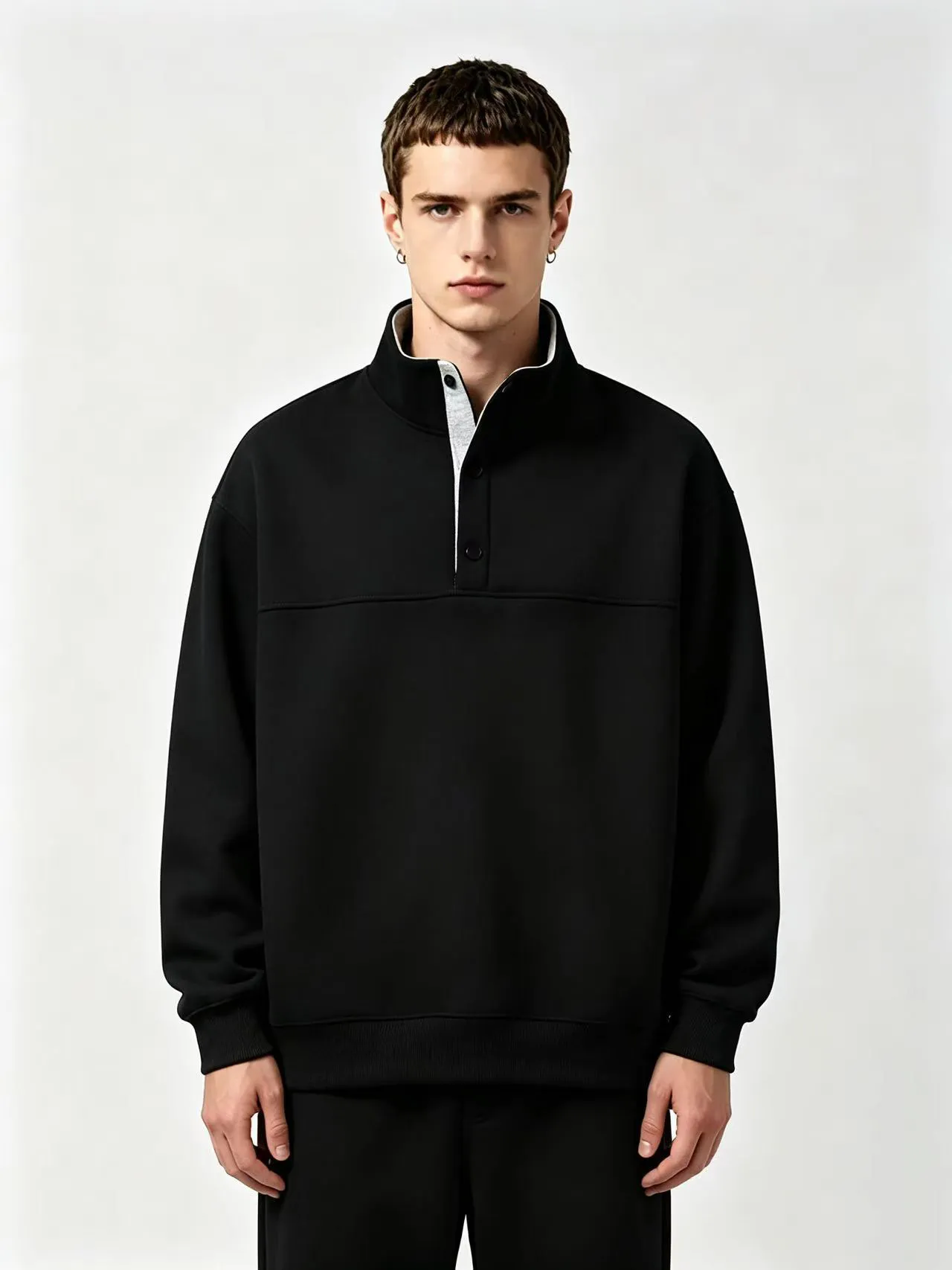 Felpa Casual in Cotone con Collo a Inpiedi da Uomo Tinta Unita Manica Lunga Vestibilità Larga Pullover Trendy Streetwear