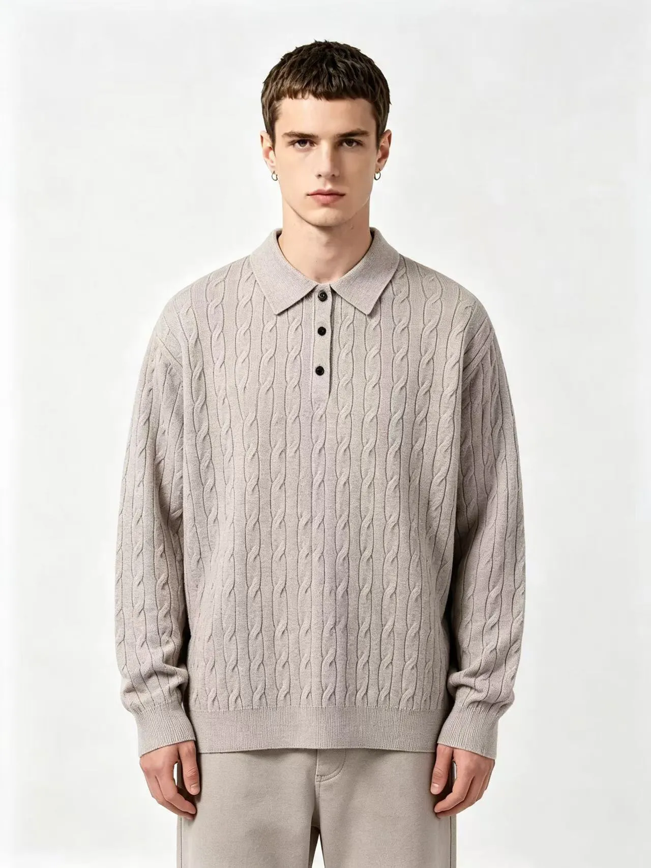 Suéter Retro de Tejido de Trenza para Hombre Cuello Polo Vintage Manga Larga Casual Holgado Jersey Invierno Cálido Top