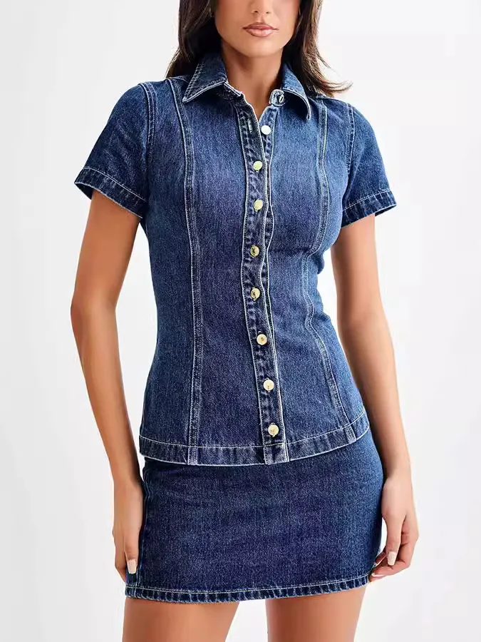 Women's Casual Denim Short Sleeve Shirt And High Waist Mini Skirt Set Summer Fashion Lapel Button Two Piece Outfit