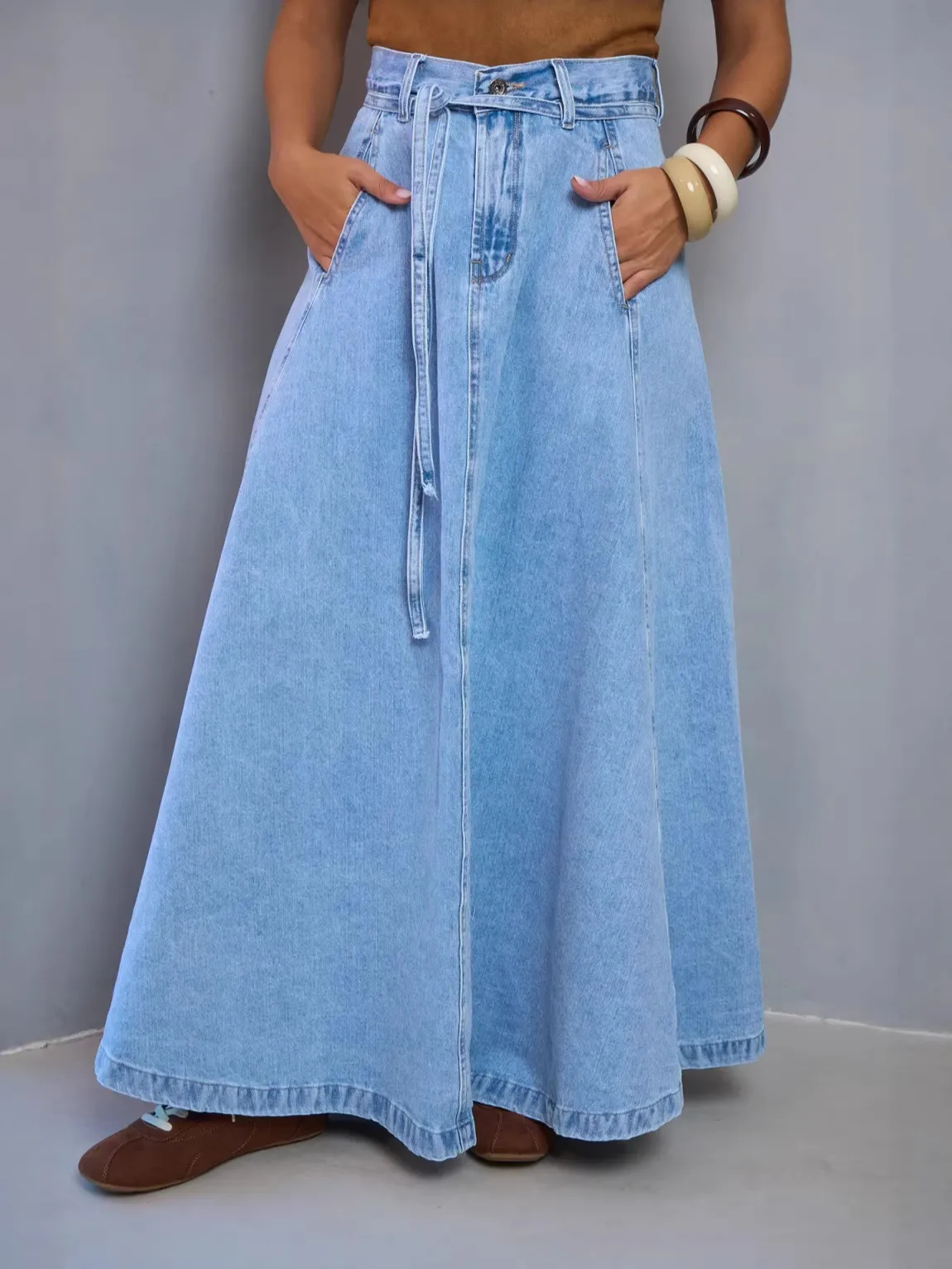 Women Casual High Waist Denim Maxi Skirt Solid Color Washed A-Line Long Skirt Streetwear Fashion Denim Bottoms