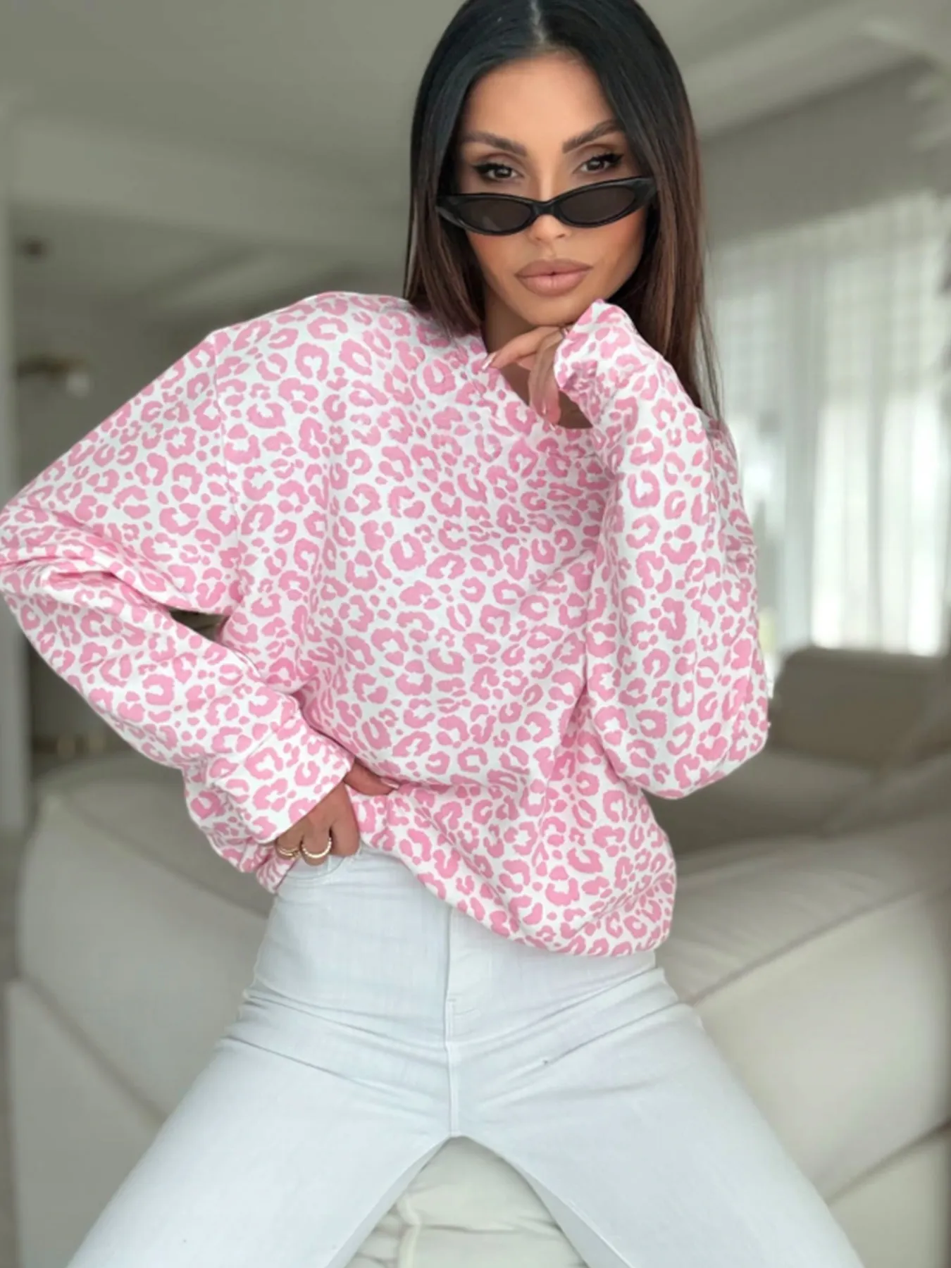 Felpa da Donna Streetwear Casual in Poliestere Stampa Leopardata Girocollo a Maniche Lunghe