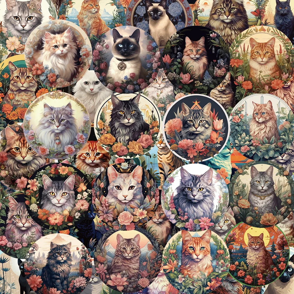 Autocollants Timbre Chat Mignon Imperméable PVC Vintage Floral Chaton Décalcomanies Pour Guitare Skateboard Casque Décoration