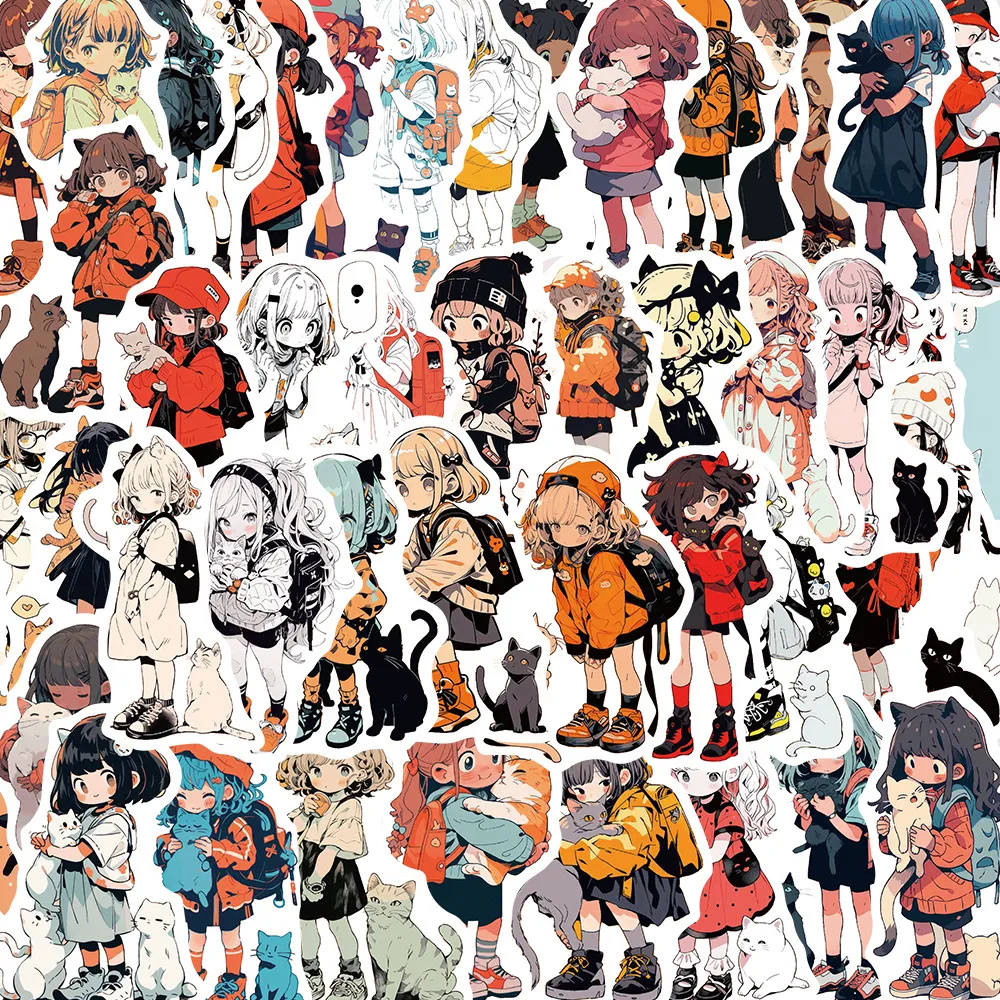 Autocollants Anime Fille Et Chat Imperméables DIY Autocollants Décoratifs Pour Coque De Téléphone Bouteille D'eau Guitare Casque Autocollants Papeterie Scrapbooking
