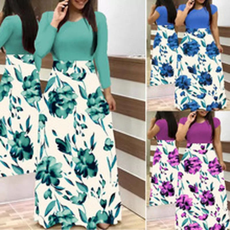 Women Patchwork Floral Print Maxi Dress Elegant Western Style Round Neck Long Flare Hem Casual Dress Summer Fashion Outfit
