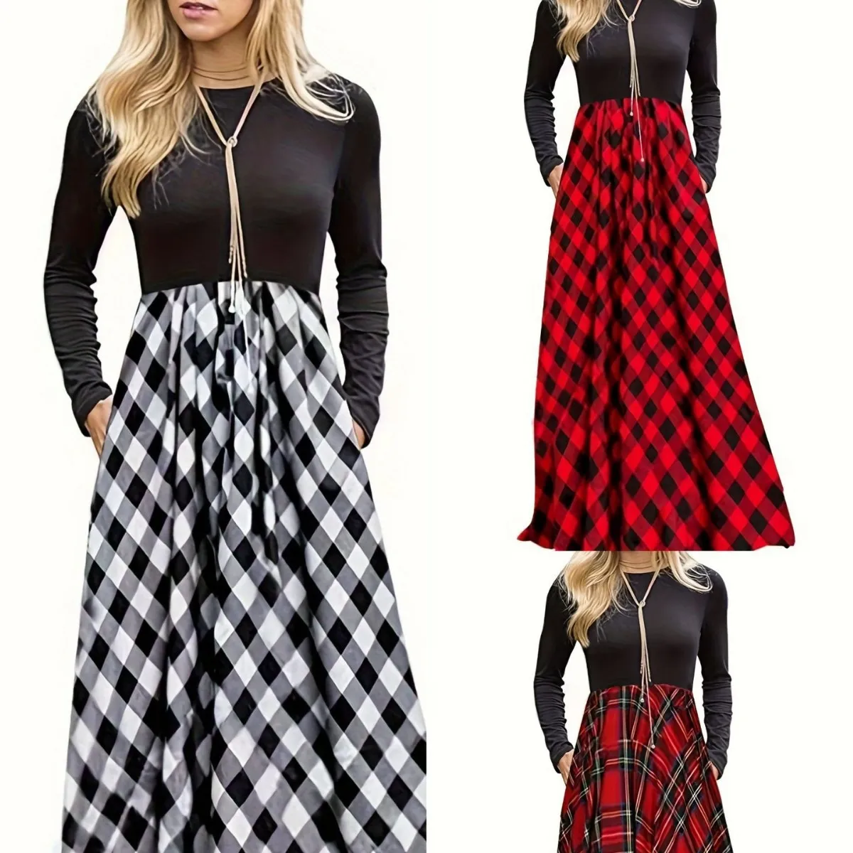 Women's Patchwork Plaid Dress Long Sleeve Round Neck High Waist A-Line Maxi Dress European Casual Streetwear Fashion Printed Checkered Long Dress