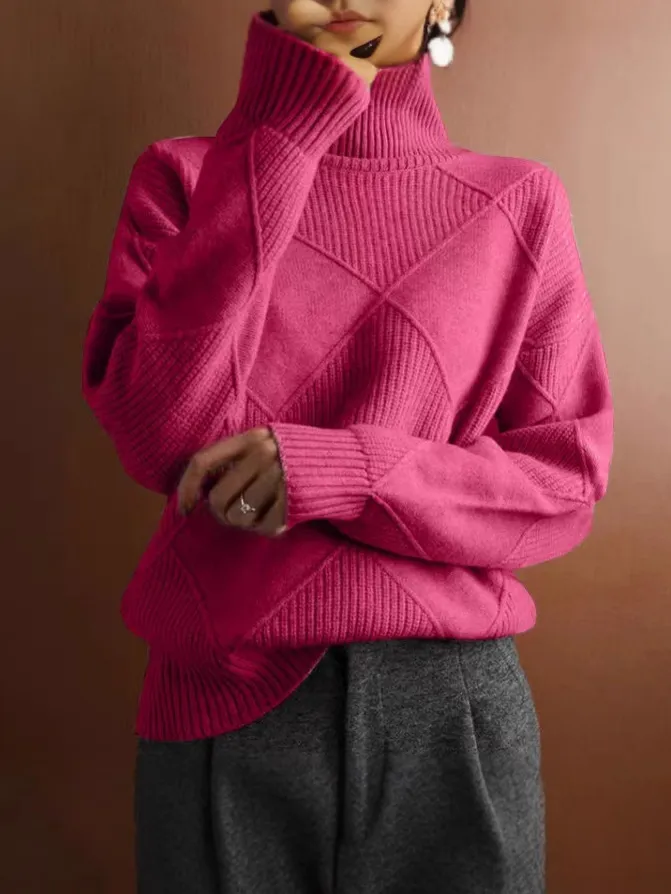 Femmes Casual Col Roulé Argyle Pull en Maille Câblée Manches Longues Coupe Ample Hiver Chaud Hauts