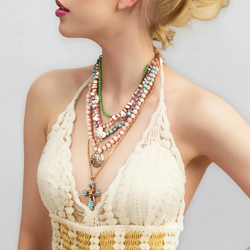 Set di Collane Multistrato Vintage Bohémien in Lega con Strass Pietra Naturale Pendenti a Croce e Cuore per Donna Gioielli