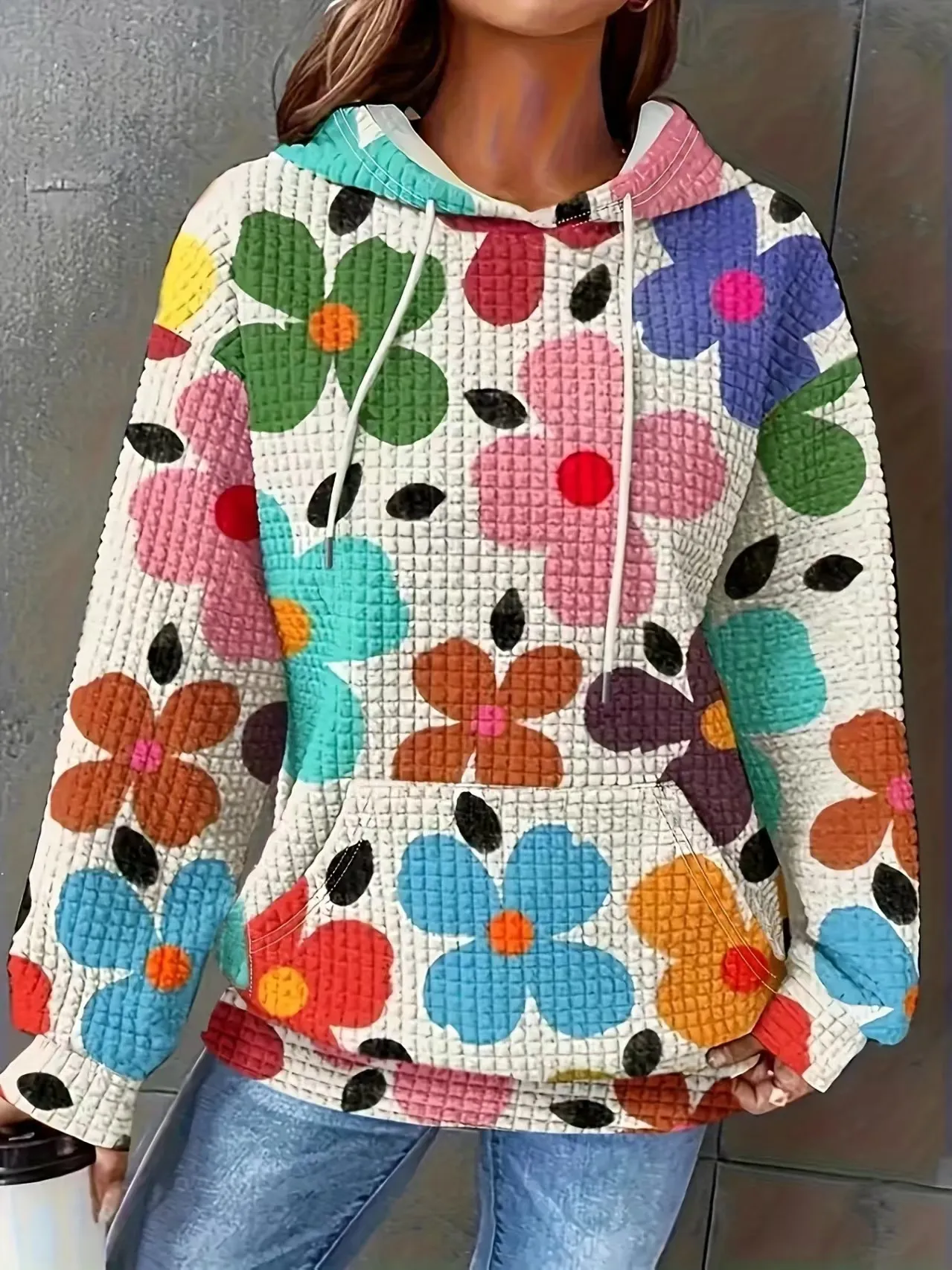 Sudadera con Capucha para Mujer Casual Estampado Floral Pullover Textura de Gofre Manga Larga con Cordón Bolsillo Canguro