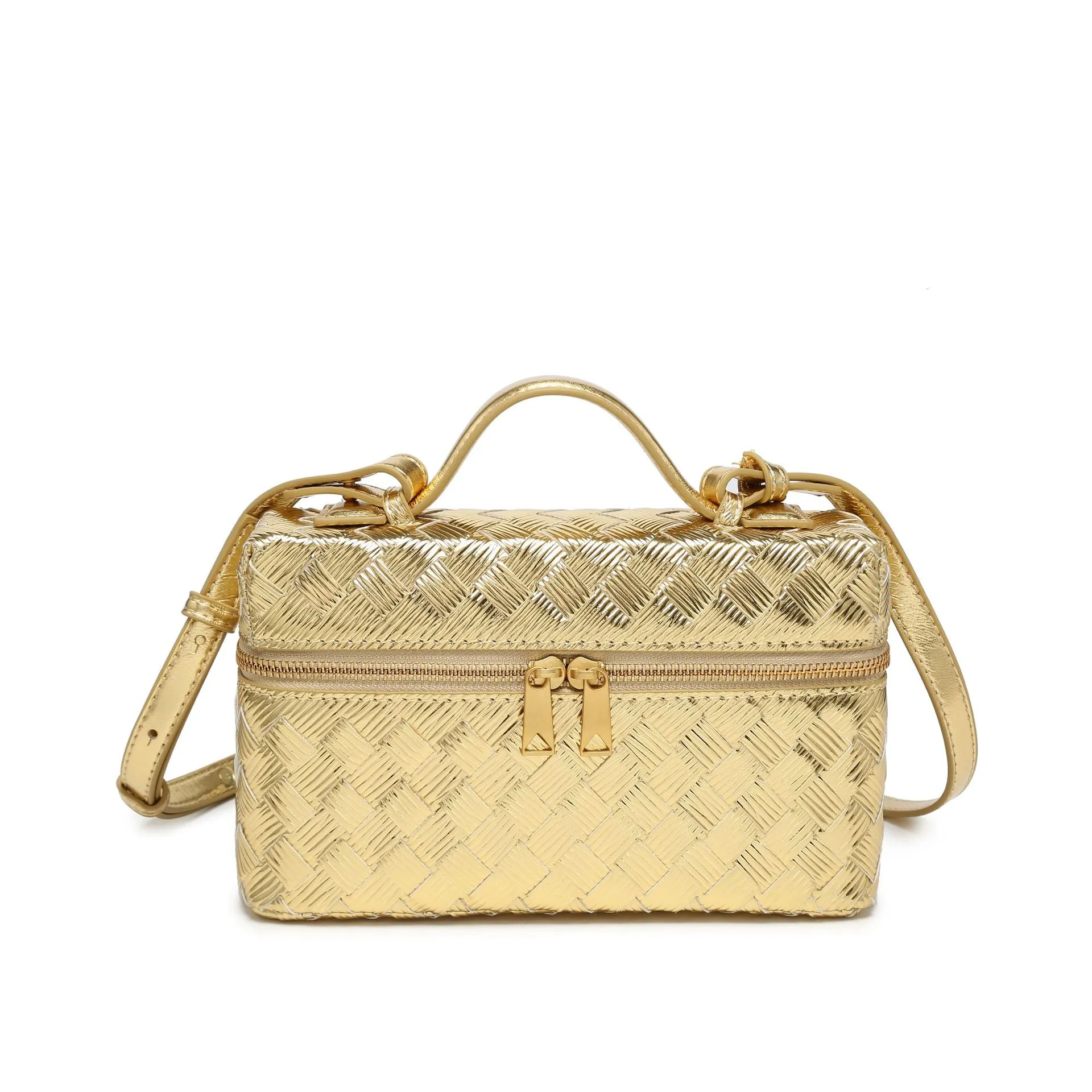Womens Fashion Woven PU Leather Handbag Luxury Designer Top Handle Tote Bag Portable Cosmetic Makeup Bag