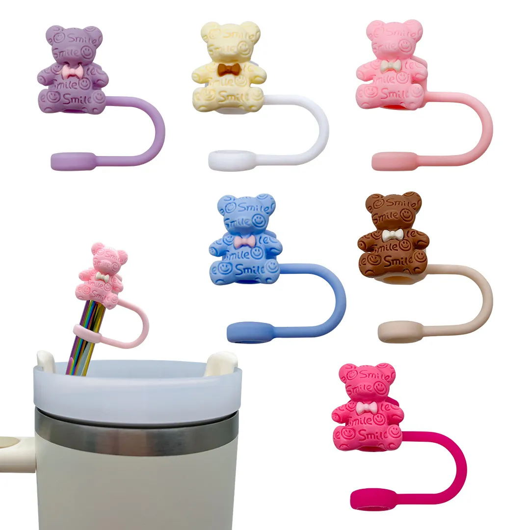 Cute Bowknot Bear Silicone Straw Cover Dustproof Smiley Straw Cap For Large Straws Reusable Cup Accessories