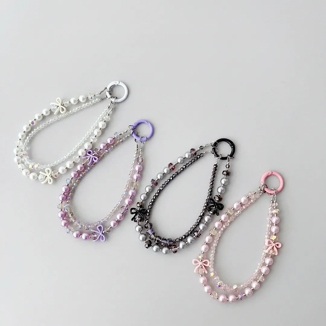 Crystal Bow Pearl Phone Lanyard Double Chain Cute Shiny Beaded Mobile Phone Strap Charm Accessories for Women