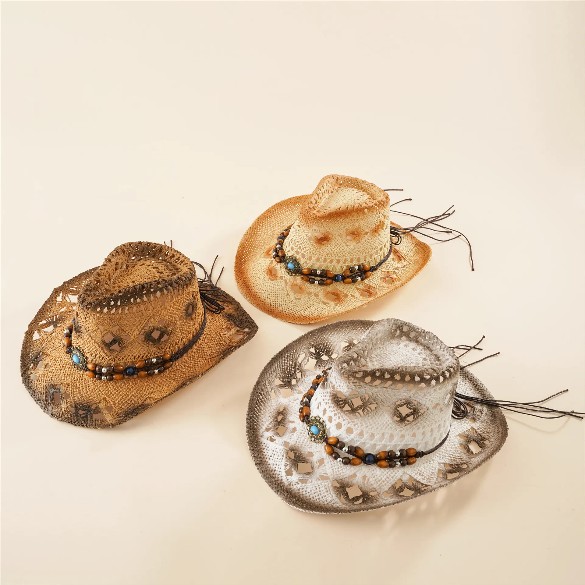 Chapeau de Paille Cowboy Femme Homme Ouest Plage Soleil Chapeau Perlé Ajouré Jazz Fedora Chapeau Vacances Été Coiffure