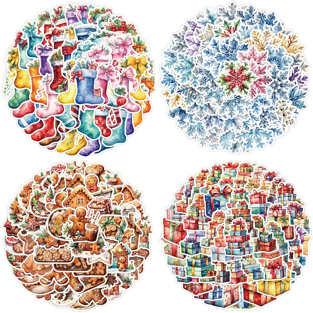 Christmas Waterproof Stickers Decals Cartoon Santa Snowman Gingerbread Snowflake Gift Stocking Ball Xmas Decor