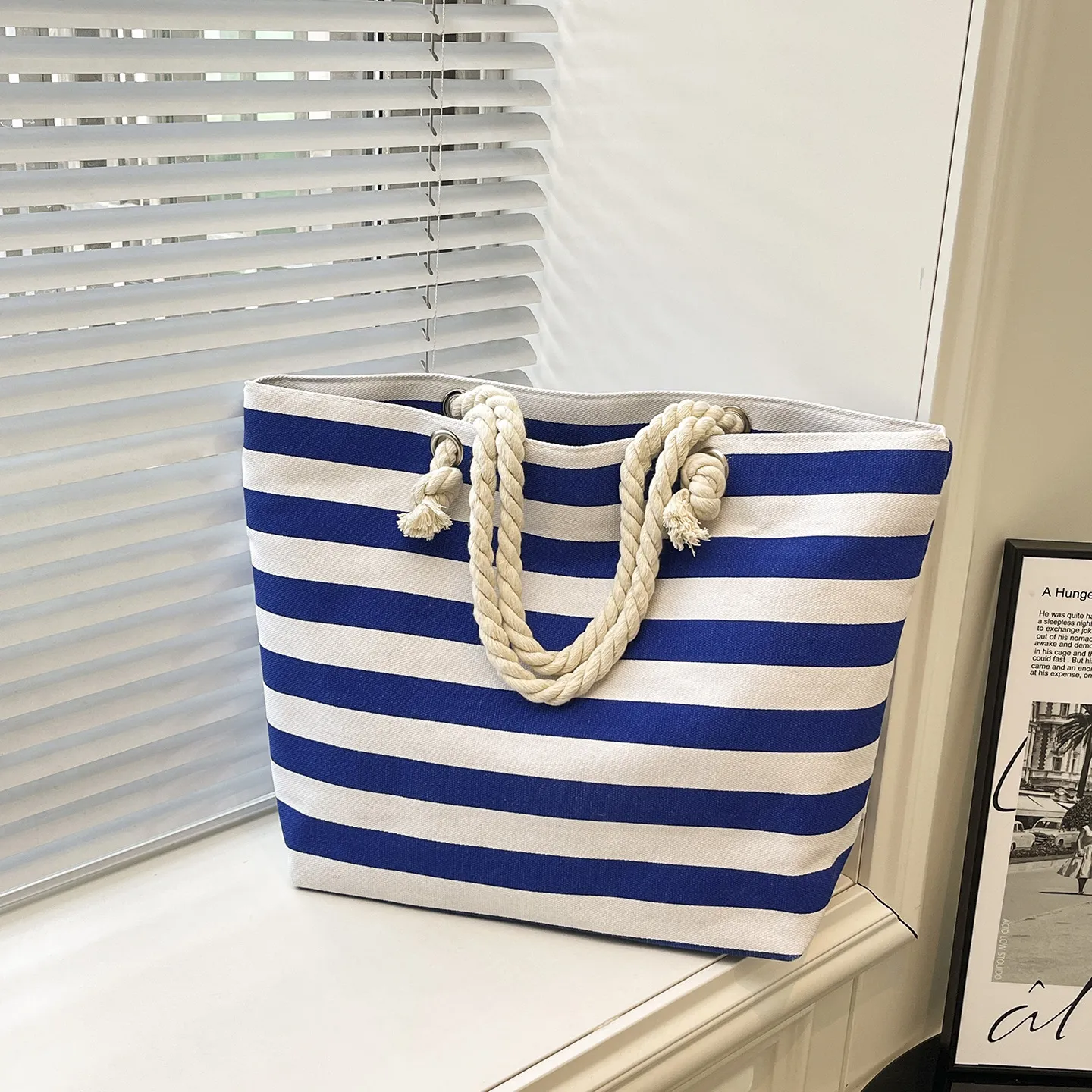 Damen Gestreifte Canvas Tote Bag Große Kapazität Umhängetasche Handtasche Mit Hanfseilgriffen Lässige Strand Reise Offene Einkaufstasche