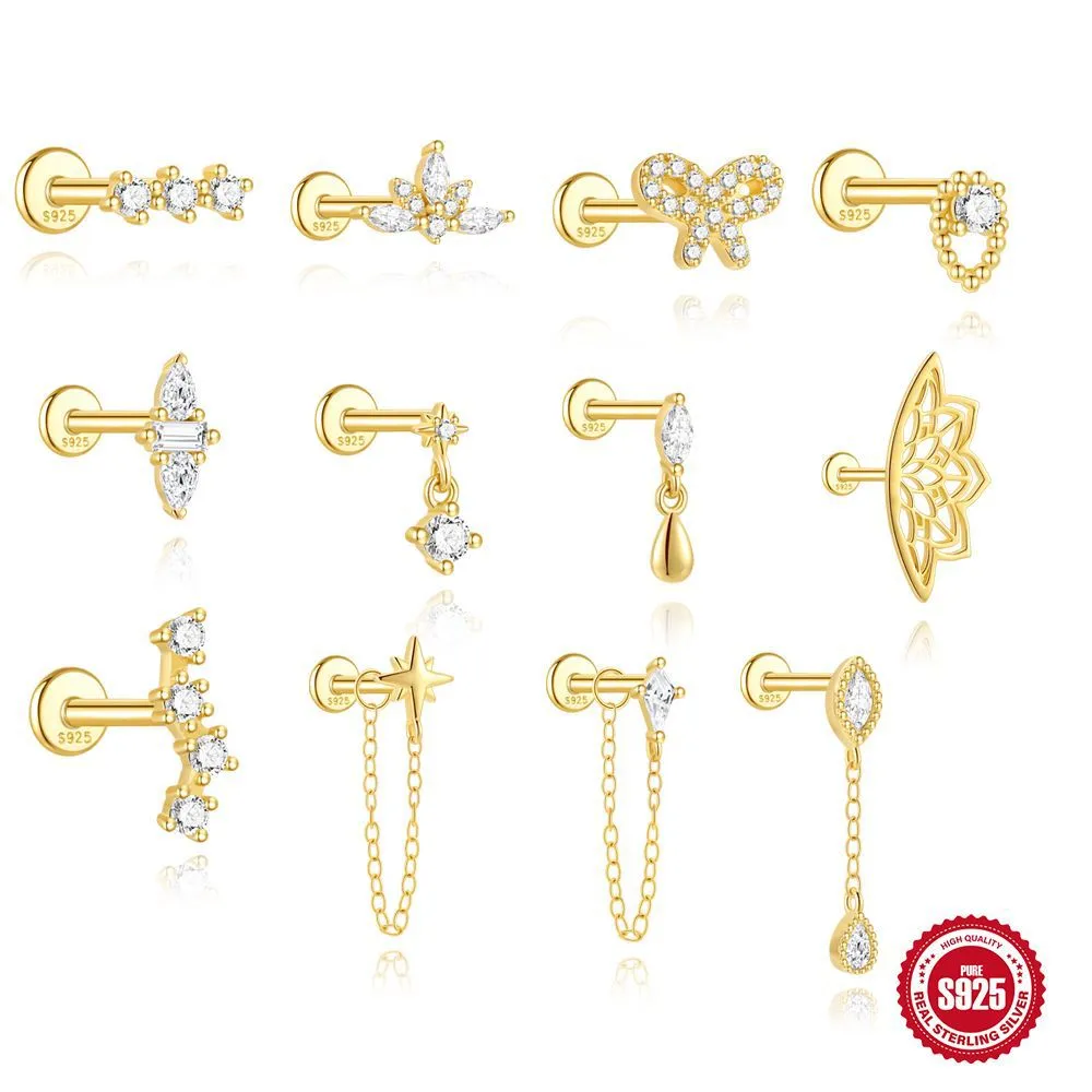 925 Sterlingsilber Schleife Achtzackiger Stern Lotus Ohrstecker Flache Rückseite Piercing Euro-Amerikanischen Ins Strass Knorpel Ohrring Für Damen Herren