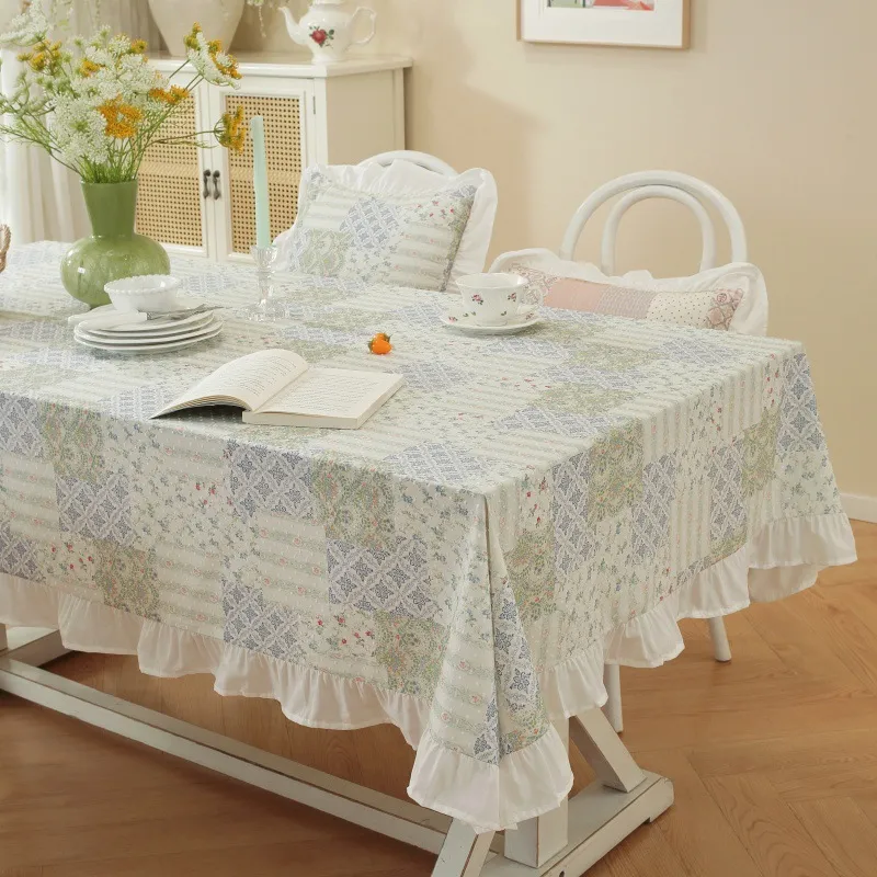 American Style Pure Cotton Jacquard Printed Tablecloth Patchwork Rectangular Dining Table Cover With Ruffle Edge Home Decor