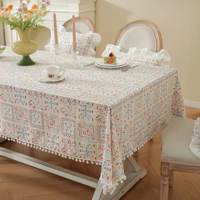 Cotton Jacquard Printed Tablecloth Pastoral Style Table Cover With Ruffle Hem And Pom Pom For Kitchen Dining Room