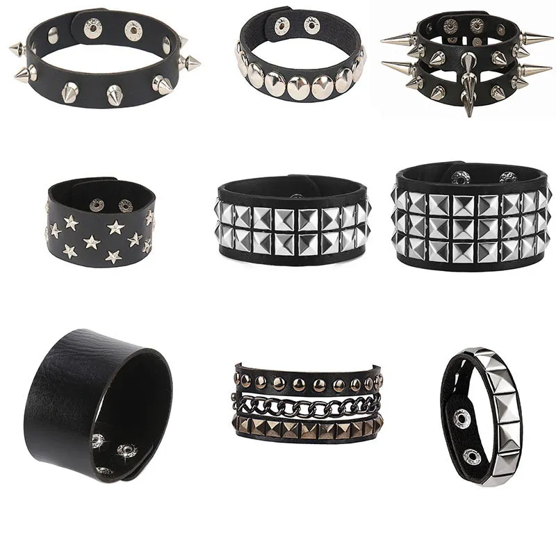 Bracciale in Pelle PU con Borchie Punk Per Uomo Donna Gotico Street Rock Studded Bangle Nightclub Assortito Regolabile Gioielli