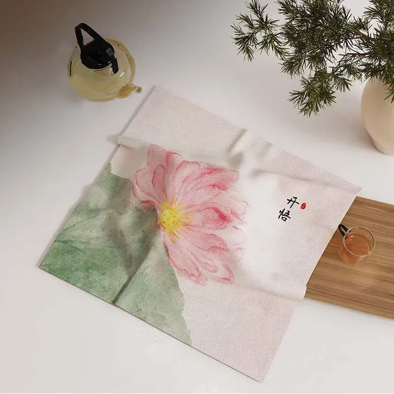 Cubierta Antipolvo de Algodón Lino Estilo Chino Nuevo Mantel Cuadrado para Mesa de Té Patrón de Loto Decoración del Hogar