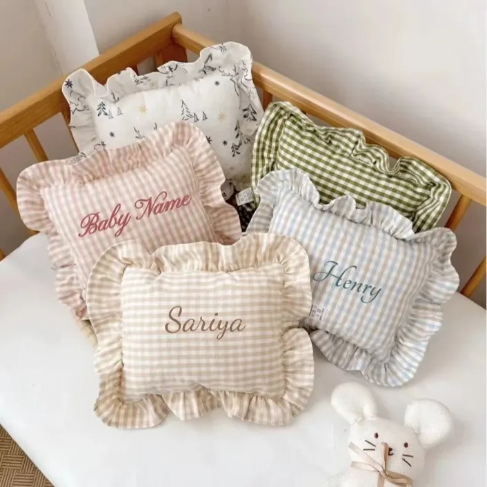Nordic Style Ramie Cotton Blend Baby Comfort Pillow Ruffle Square Throw Pillow Custom Embroidery Name Sleep Pillow Home Decor
