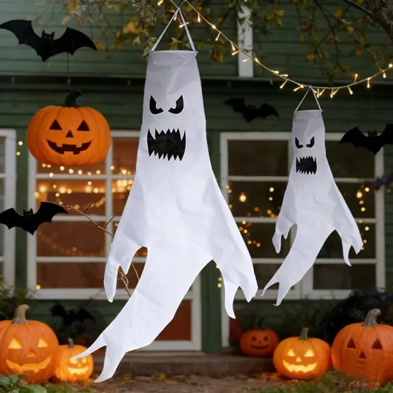 Halloween Hängender Leuchtender Geist Windsack Outdoor Garten Baum Dekoration Mit Mehrfarbigem LED Licht Vliesstoff Gruseliger Geist Windsack Für Hof Party Requisiten