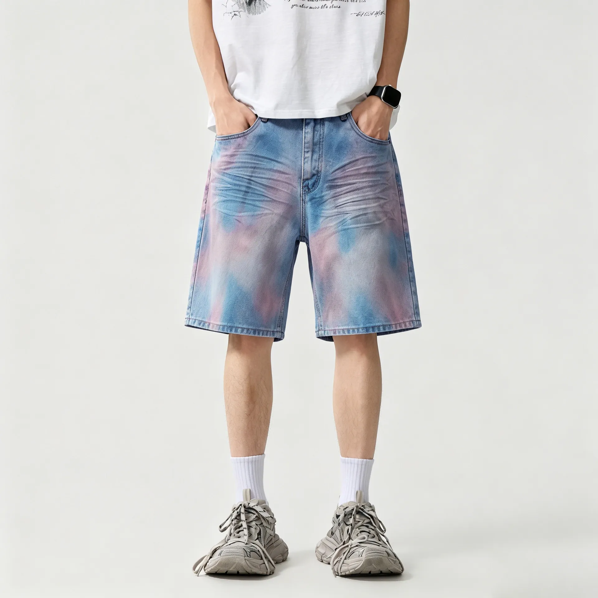Men Casual Loose Denim Shorts Tie-Dye Gradient Five-Quarter Pants Fashion Streetwear Straight Leg Denim Pants