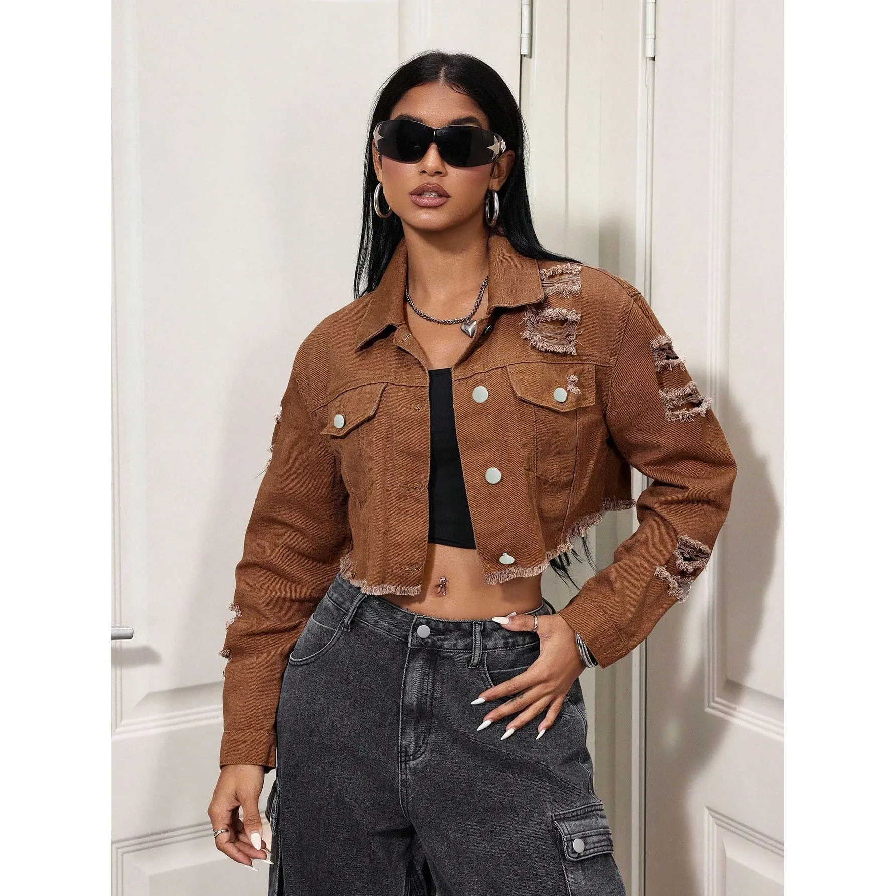 Dames Casual Distressed Denim Jas Vintage Korte Lange Mouw Omgeslagen Kraag Enkelknoops Katoenmix Outerwear