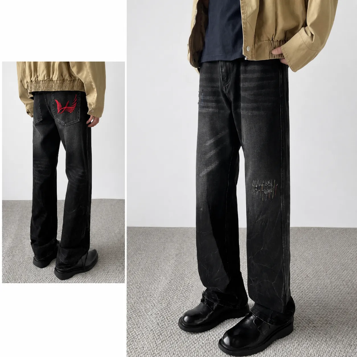 Men's Loose Straight Leg Jeans Retro Washed Distressed Denim Pants Casual Streetwear Vintage Hip Hop Trousers