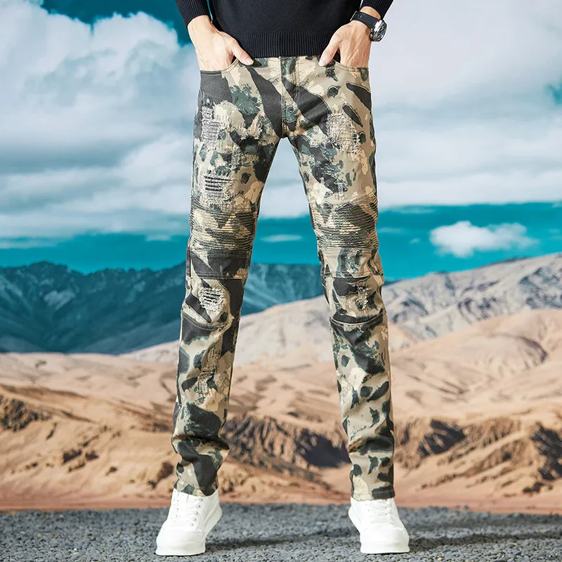 Vaqueros Cargo de Camuflaje High Street Americano para Hombre Casual Desgastado Slim Straight Patchwork Moto Denim