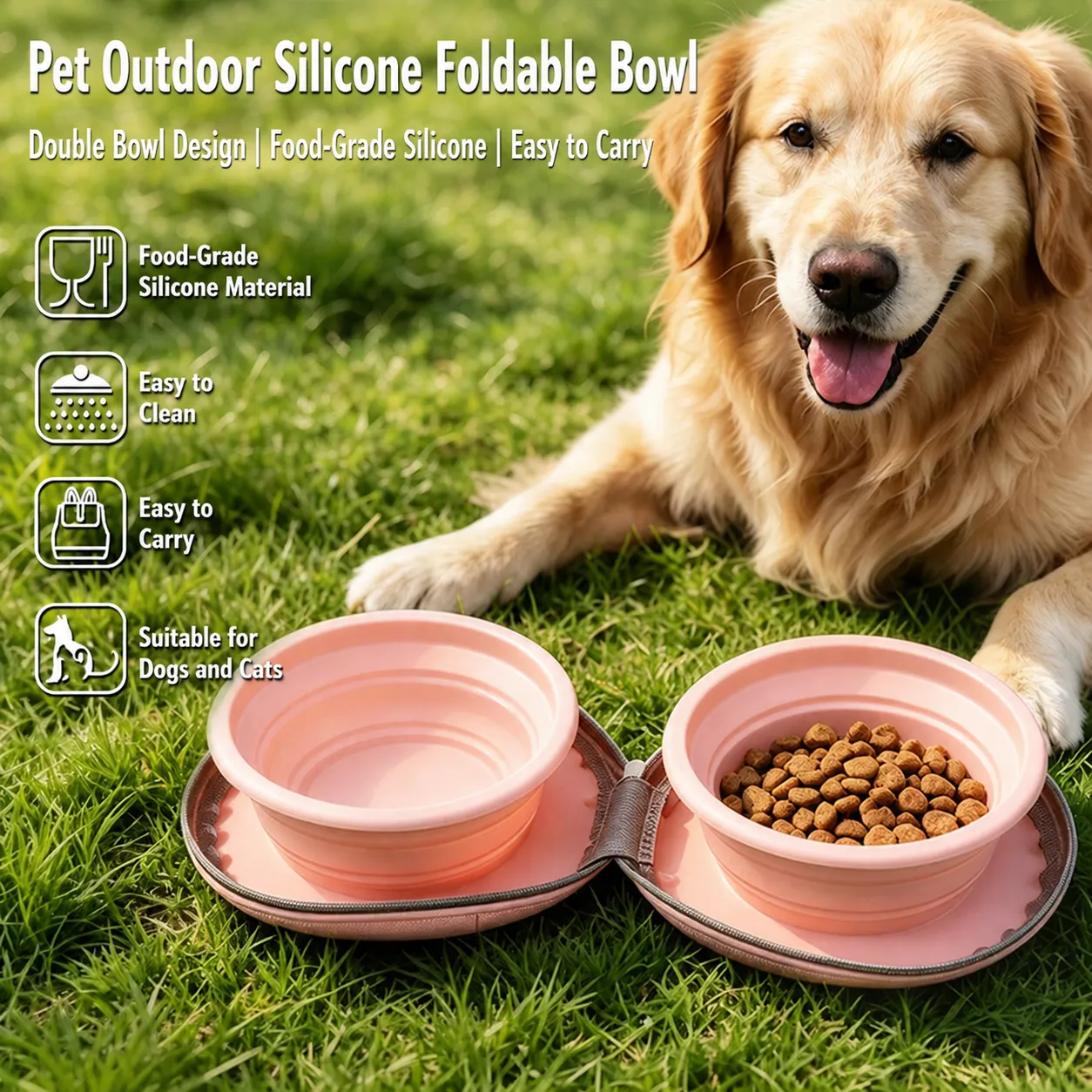 Gamelle Pliable en Silicone Portable pour Animaux Double Bols Avec Sac de Rangement à Fermeture Éclair Voyage Nourriture Eau pour Chats Chiens