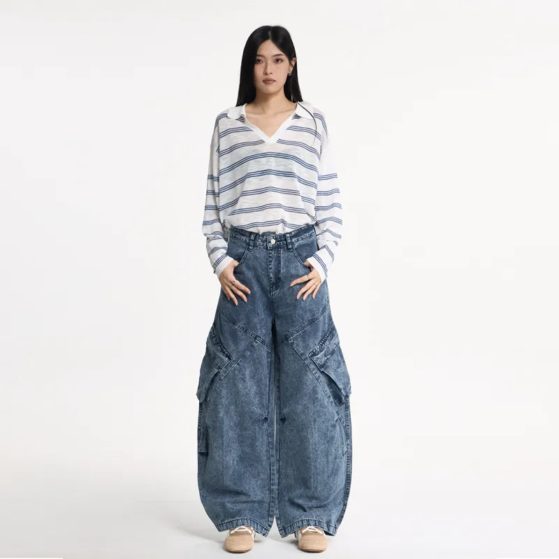 Γυναικείο Casual Φαρδύ Παντελόνι Cargo Vintage Washed Denim Παντελόνι High Waist Multi Pocket Streetwear