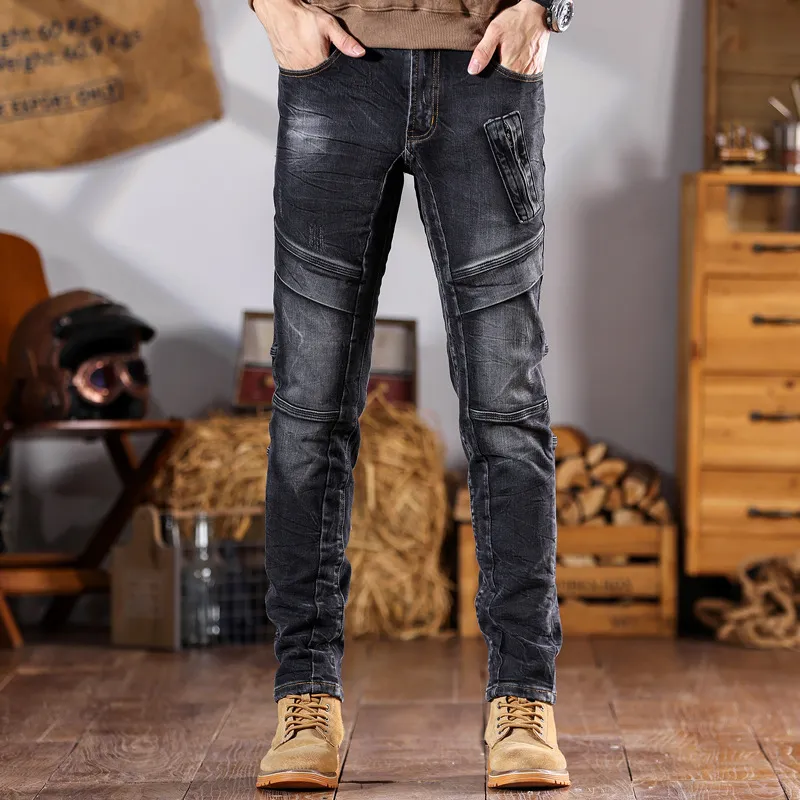 Vaqueros de Moto Patchwork Slim Retro para Hombre Gris Humo Casual Pantalones Largos Moda Denim