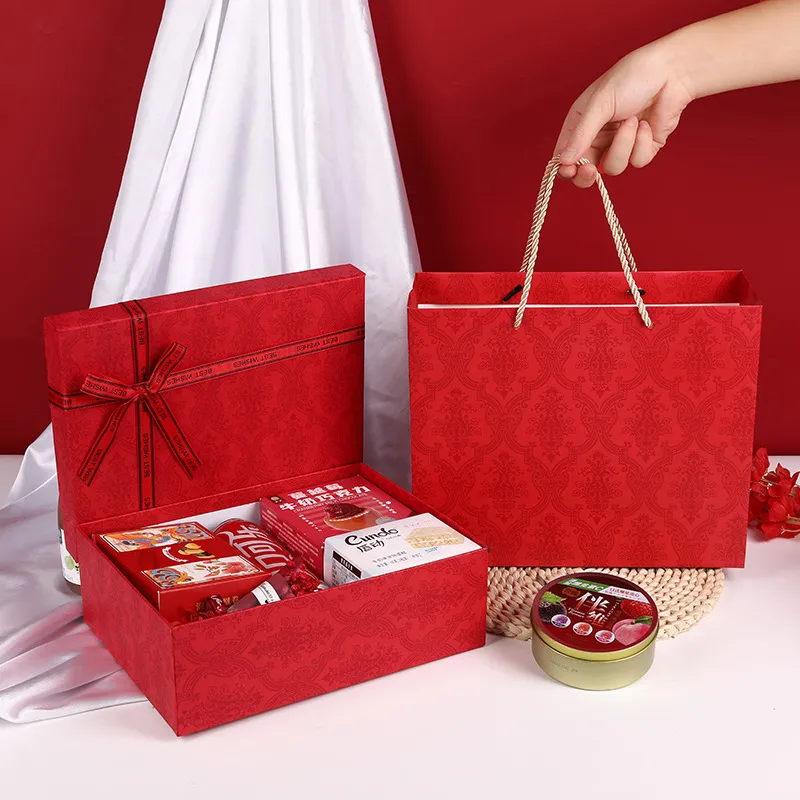 Ensemble de Boîtes Cadeau de Noël Vintage en Carton Gaufré Damassé avec Nœud pour Fête d'Anniversaire et Vacances