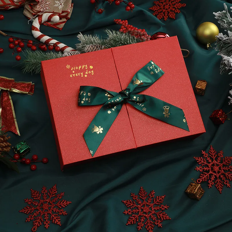 Christmas Red Gift Box Set With Green Ribbon Bow Portable Tote Bag Empty Packaging Box For Holiday Party Present