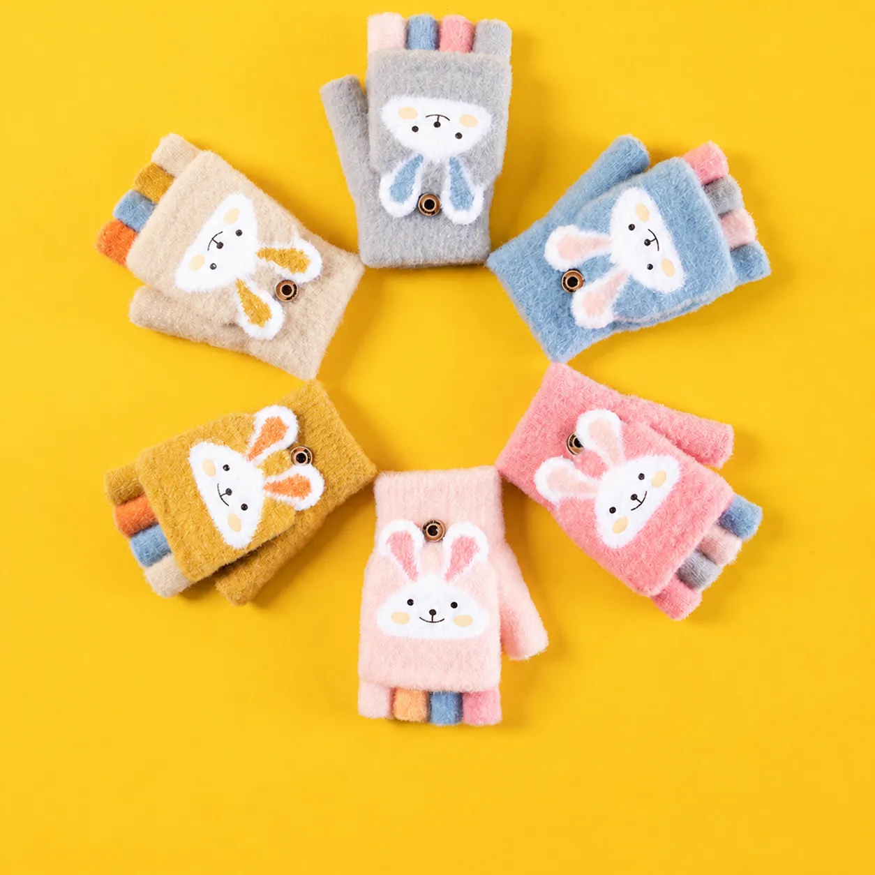 Gants Thermiques en Polaire de Lapin de Dessin Animé Mignons pour Enfants Hiver Épaissis Chauds Mitaines Demi-Doigts Enfants Gants d'Extérieur