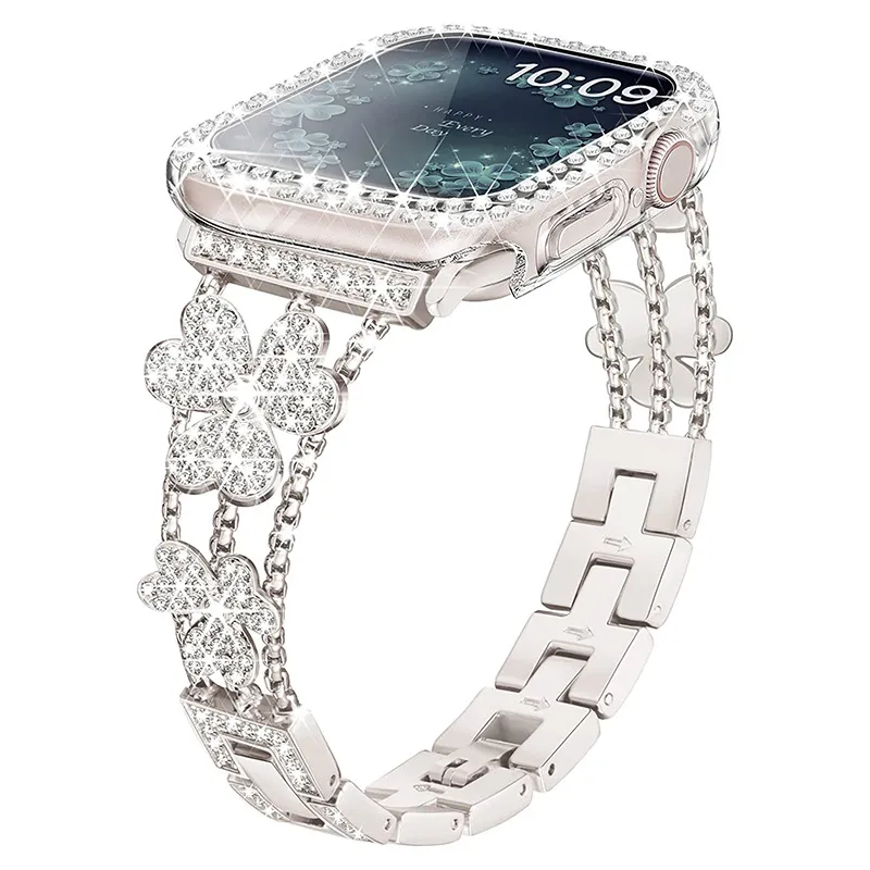 Fashion Metal Clover Rhinestone Watch Band Replacement Strap Compatible With Smartwatch Luxury Jewelry Bracelet Gift