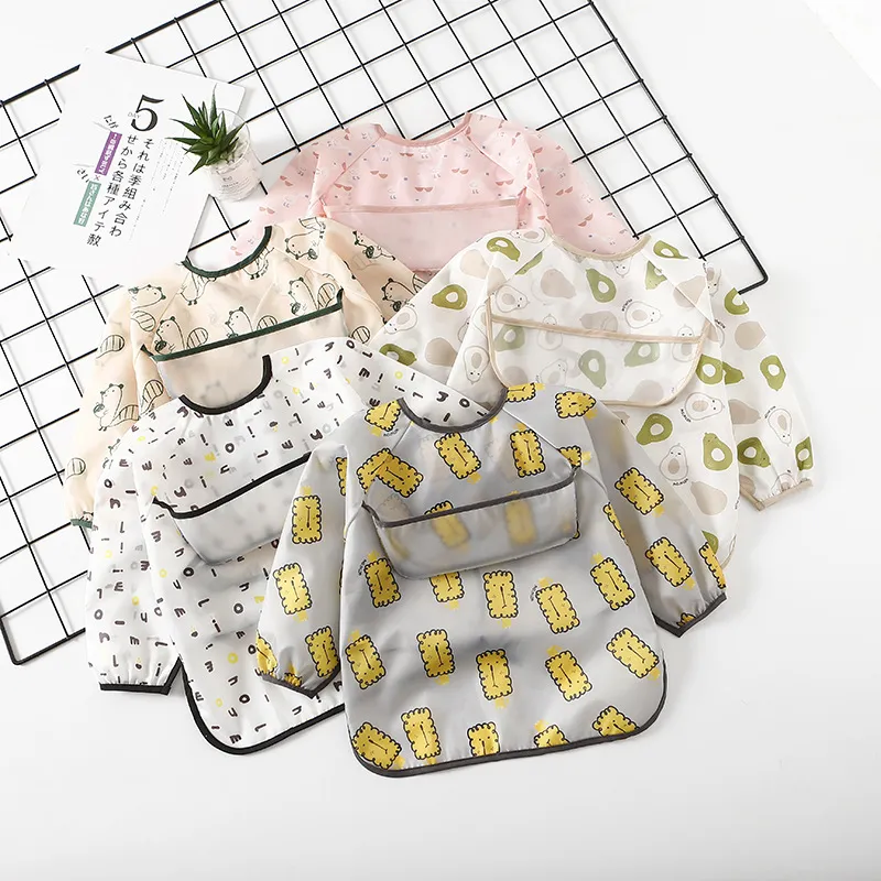 Baby Waterproof Long Sleeve Coverall Cute Cartoon Print Infant Feeding Bib Toddler Art Smock Washable Eating Clothes