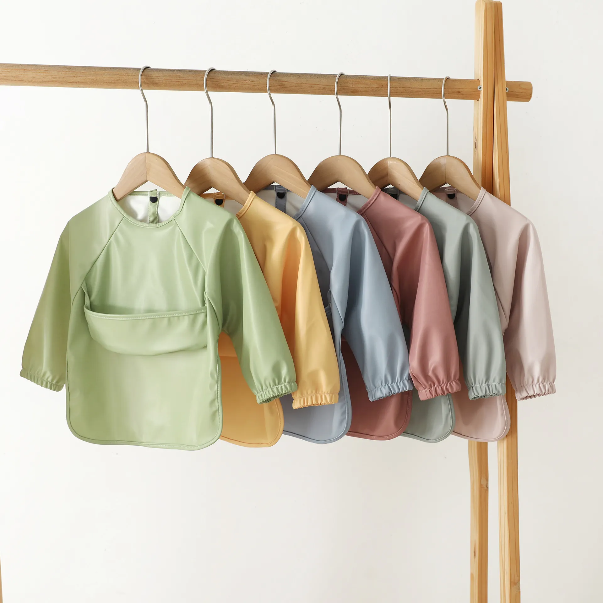 Baby Waterproof Long Sleeve Coverall Bib Infant Feeding Apron Toddler Smock Solid Color Polyester Unisex