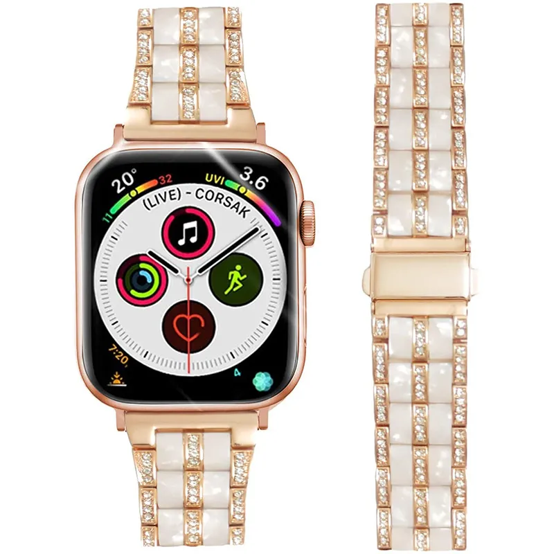 Stainless Steel And Resin Five Bead Watch Band Replacement Strap With Rhinestone Folding Clasp For Smart Watch