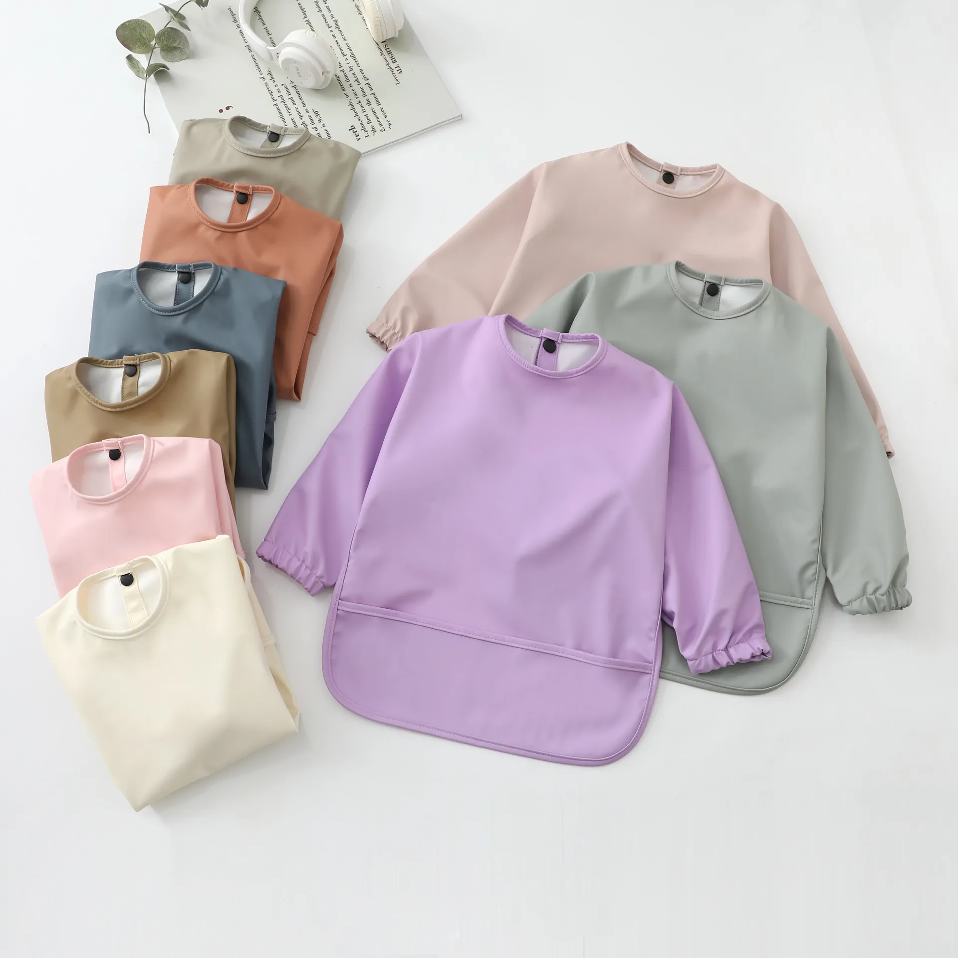 Bebé Impermeable Manga Larga Babi Lactante Color Sólido Babero Delantal de Comedor para Niño Pequeño Diseño Minimalista