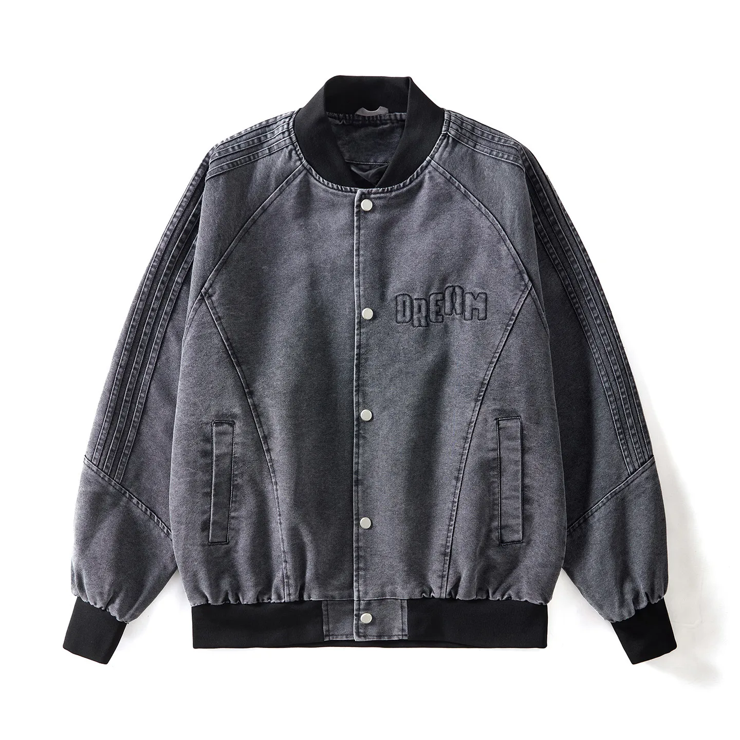 Giacca da Baseball in Denim Casual da Uomo Largo Ricamo di Lettere Collo Alto Bottone a Pressione Manica Lunga