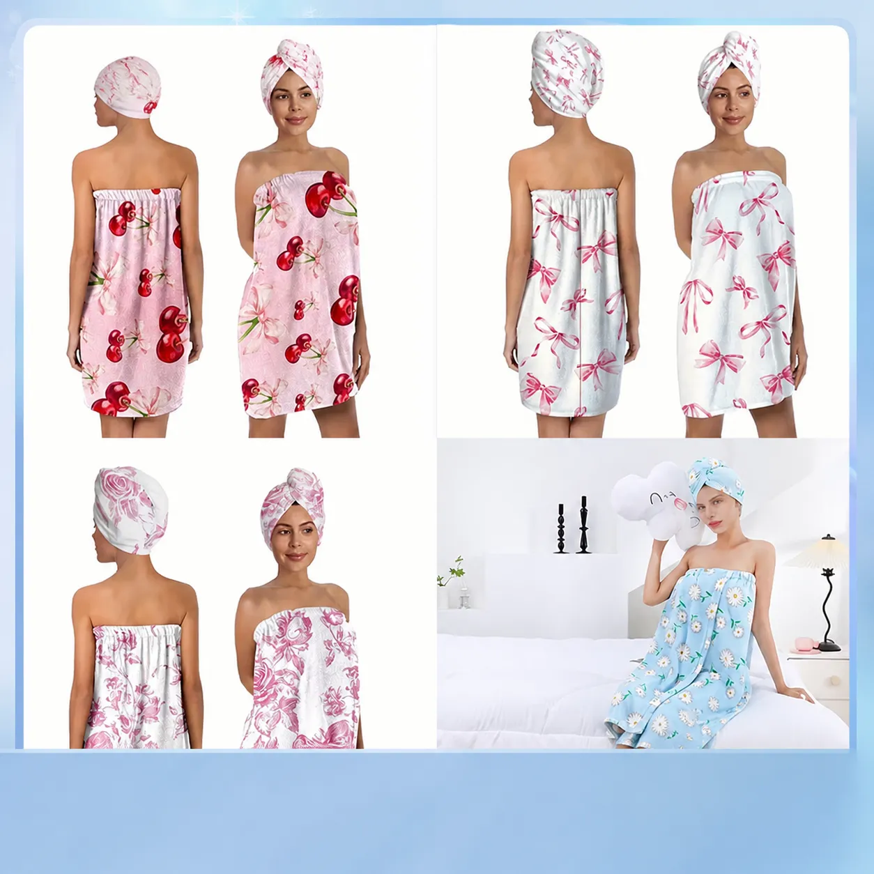 Set Gonna da Bagno Indossabile in Flanella Ispessita Con Cuffia per Capelli Asciutti Asciugamano Accappatoio Assorbente Floreale Carino per Donne