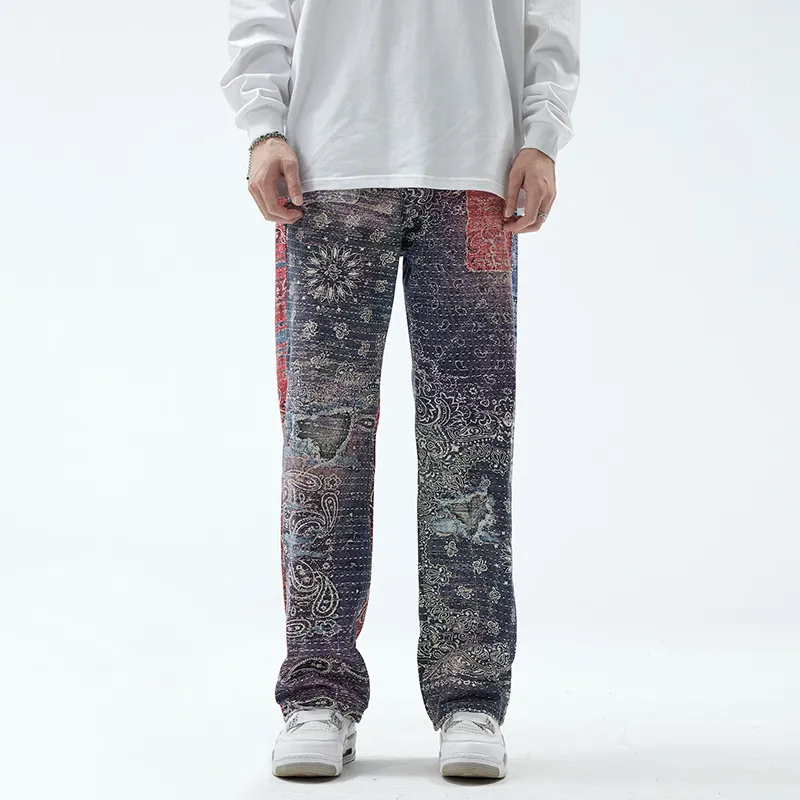 Men's Hip Hop Casual Loose Straight Leg Jeans Vintage Paisley Printed Denim Pants Streetwear Fashion Long Trousers