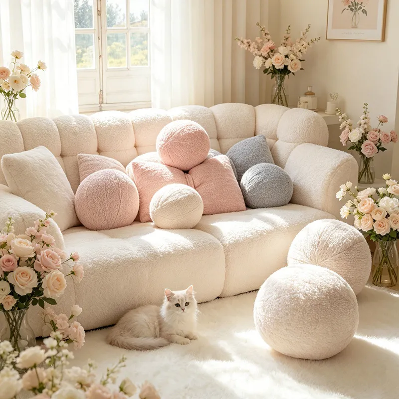 Cute Bowknot And Ball Plush Throw Pillow Minimalist Solid Color Cushion For Sofa Bed Living Room Home Decor