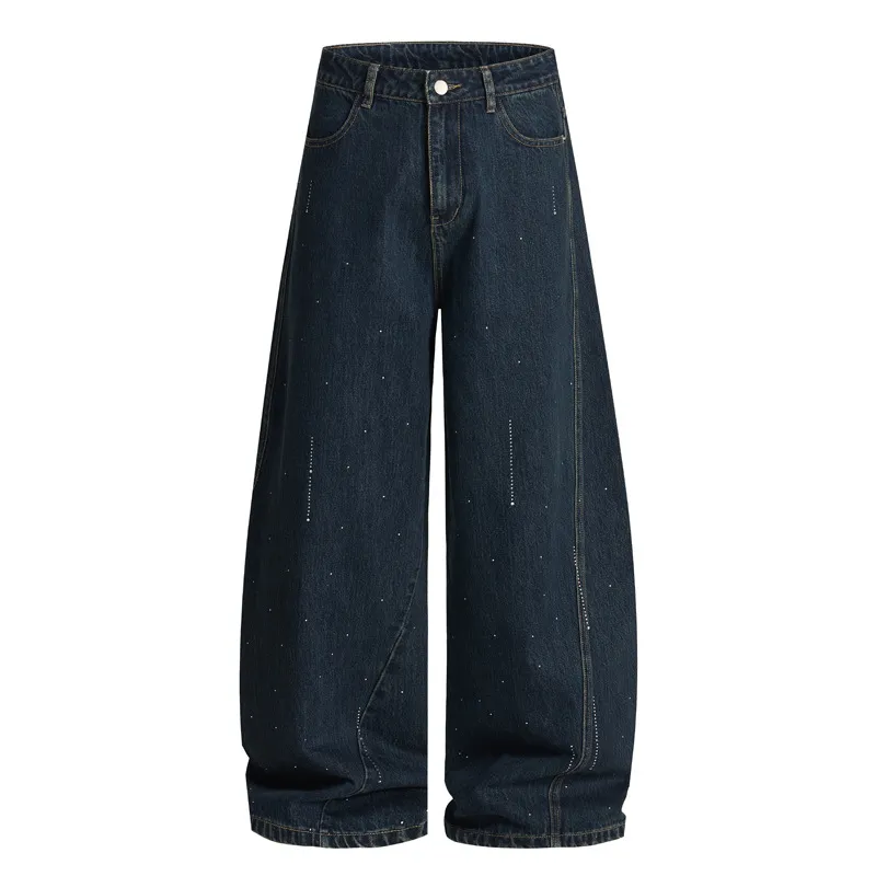 Herren Damen Lose Gerade Denim Jeans Amerikanischer Retro Hot-Fix Strass Regentropfen High Street Casual Hose