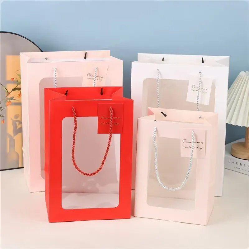 Transparant Venster Papier Cadeau Zak Boeket Verpakking Draagtas Valentijnsdag Feest Cadeau Opbergtas