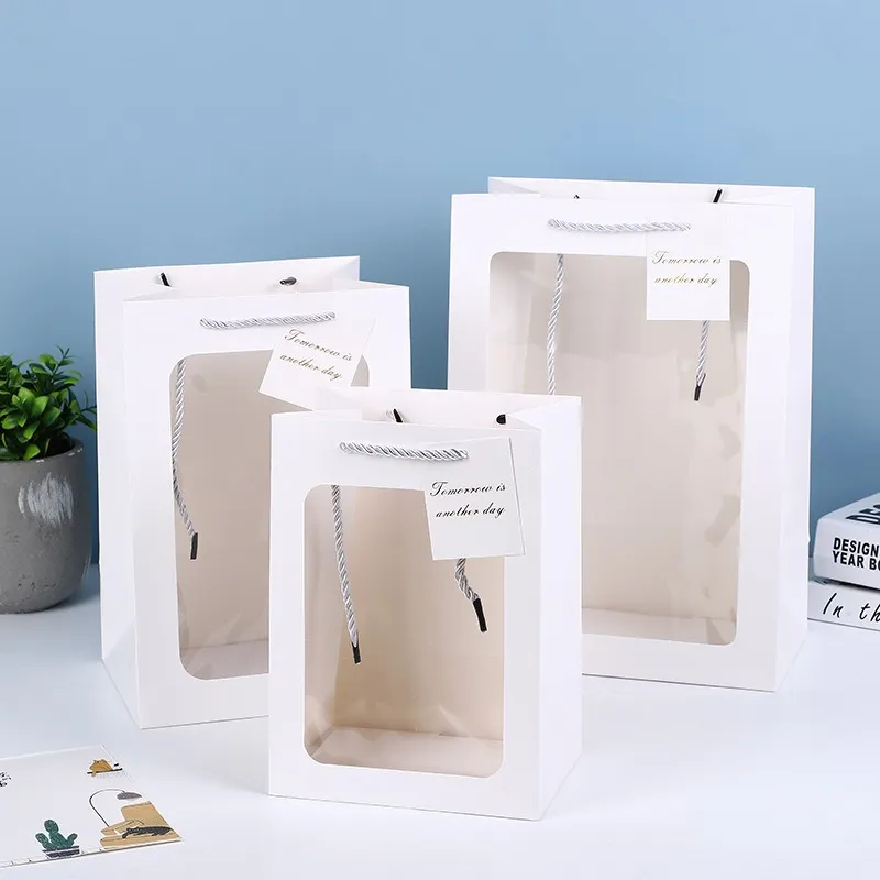 Transparent Window White Cardboard Gift Bag Party Wedding Favor Packaging Tote Bag