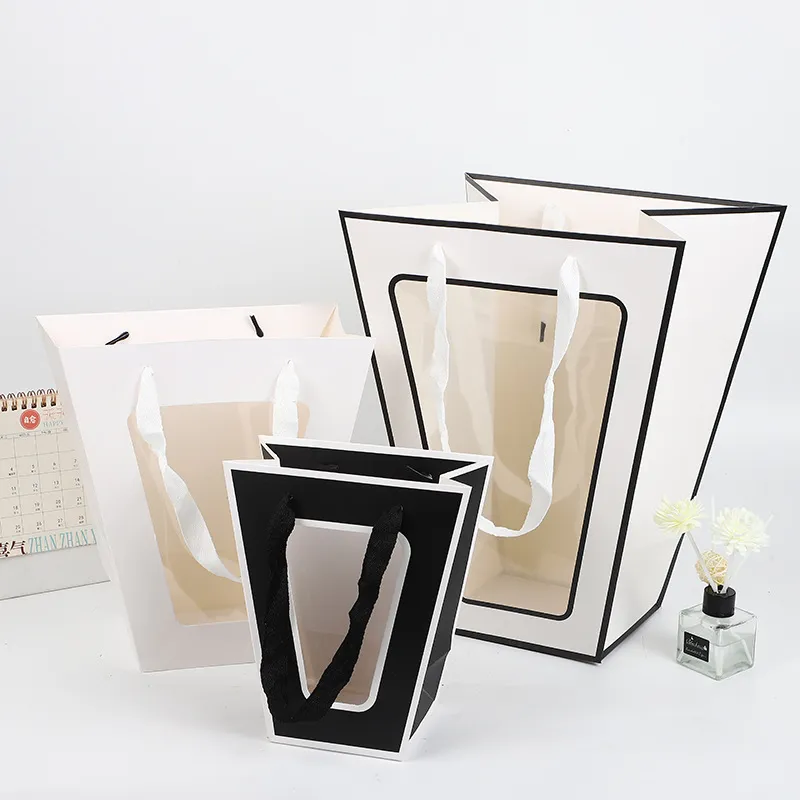 T-Vormige Bloemen Verpakking Draagtas Creatieve Trapeziumvormige Cadeautas Met Transparant Venster Voor Rozenboeket Feest Bruiloft