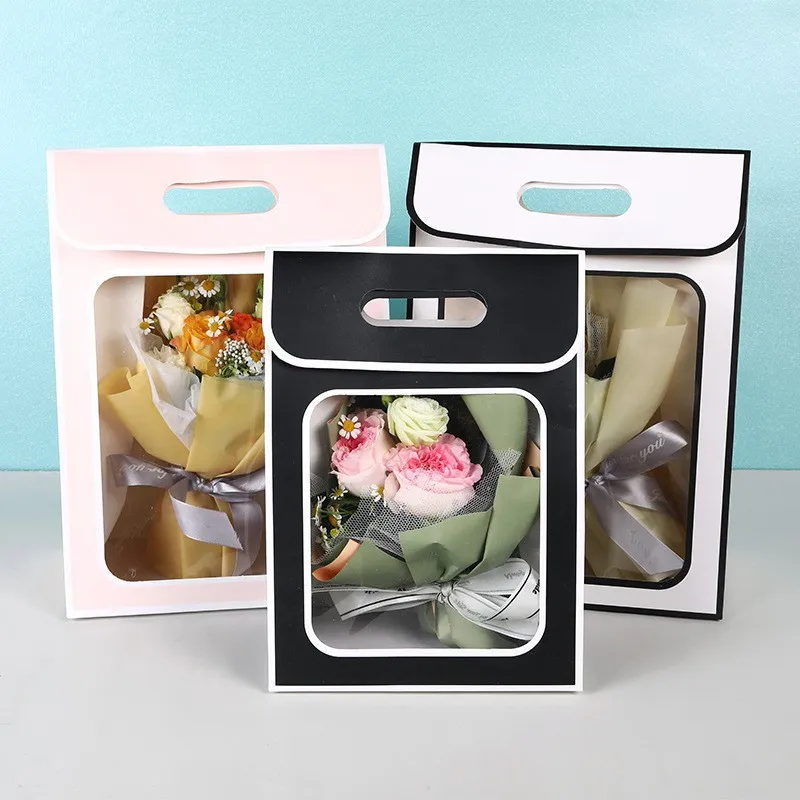 Transparent Window Gift Paper Bag Handheld Flower Packaging Bag Birthday Party Wedding Favors Gift Storage Tote Bag