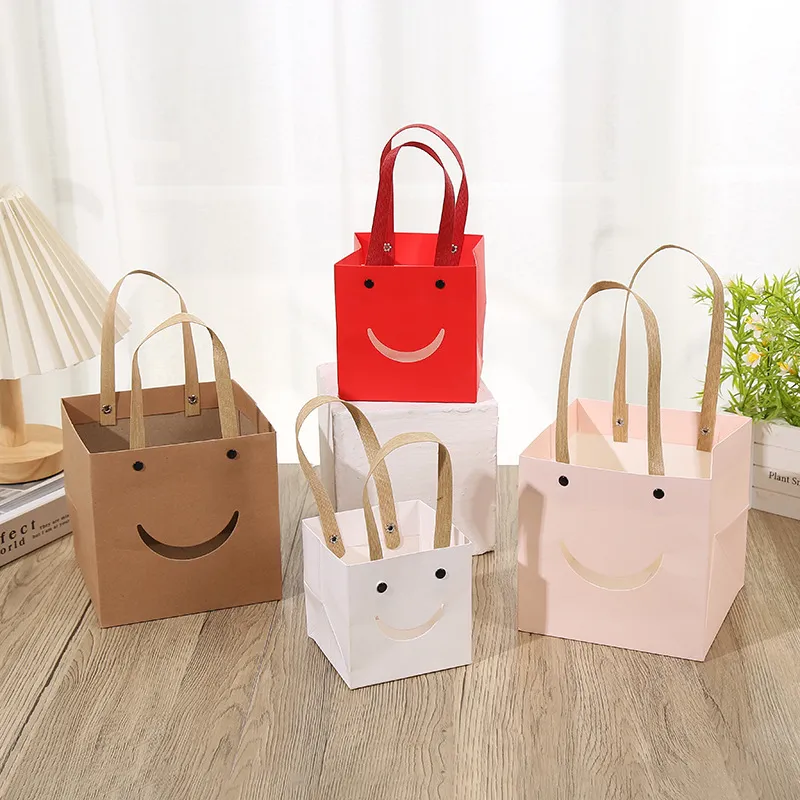 Square Clear Window Gift Bags Kraft Paper Tote Bags Smiling Face Present Packaging For Valentine Flower Party